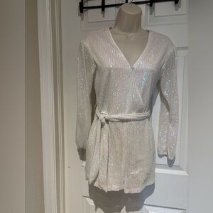 Romper Iridescent White Sequin Wrap Top style with belt tie